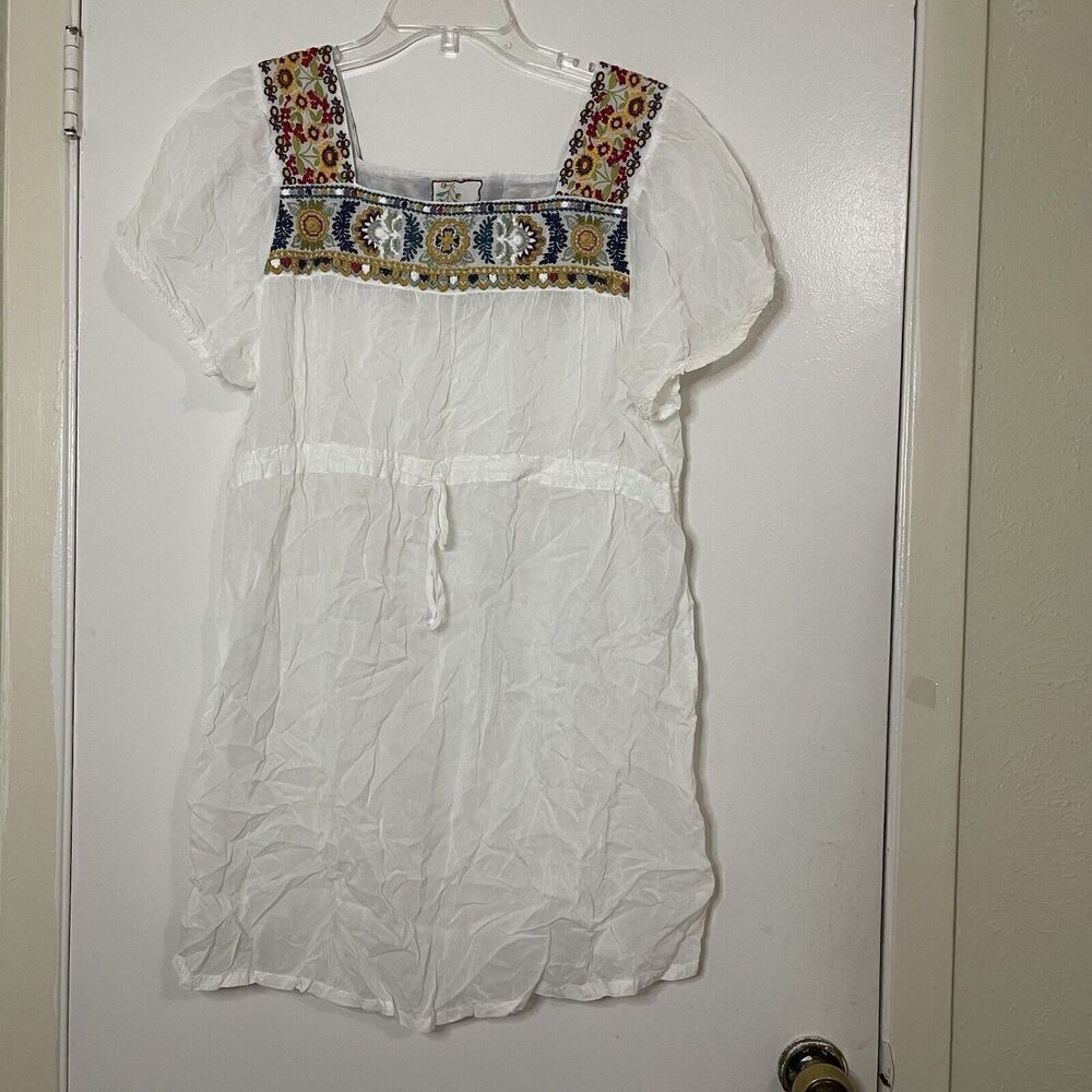 Johnny Was Sheer white embroidered floral drawstring tunic dress size Large